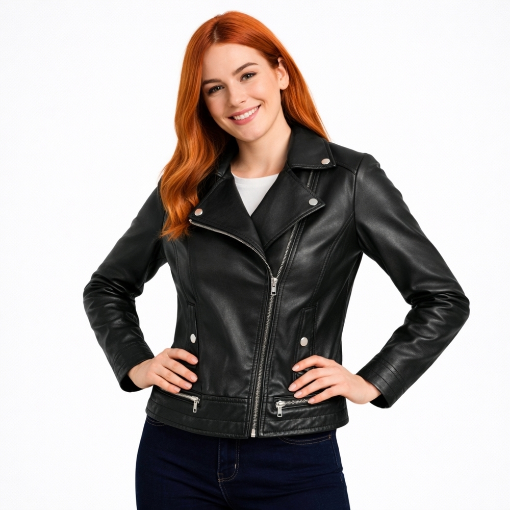 BERNARDO Women’s Black Faux Leather Moto Jacket – Zip Front | Size Small | NWT